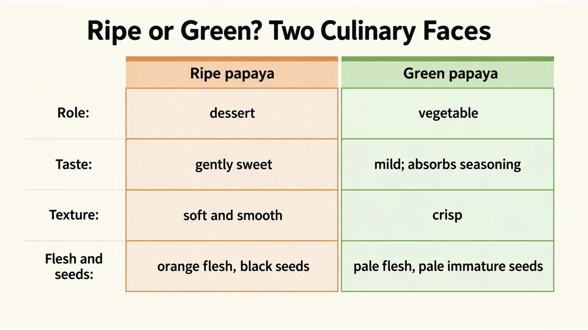 Ripe fruit is a soft dessert; green papaya is a crisp vegetable that takes on seasonings.