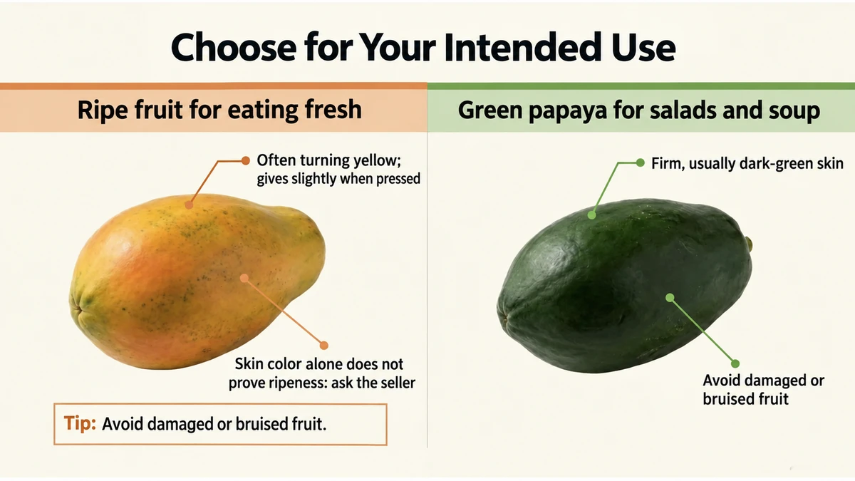 Choose ripe fruit for dessert and firm green papaya for cooking. Skin color alone does not establish ripeness.