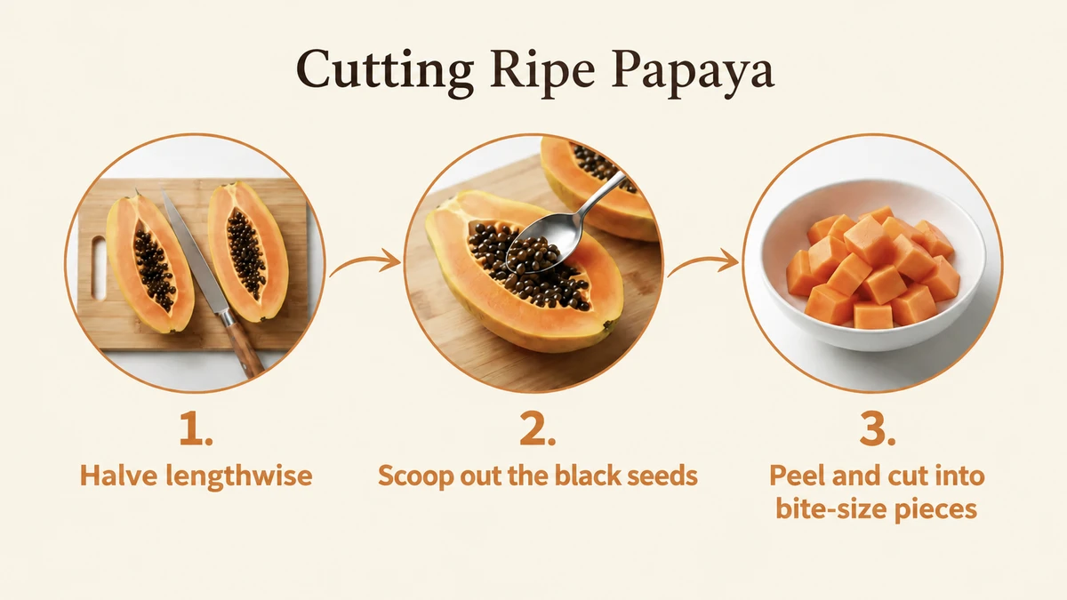 For ripe papaya, halve it lengthwise, scoop out the black seeds, then peel and cut.