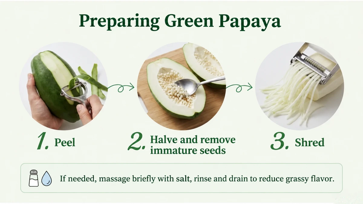 For green papaya, remove the peel and seeds, then shred.