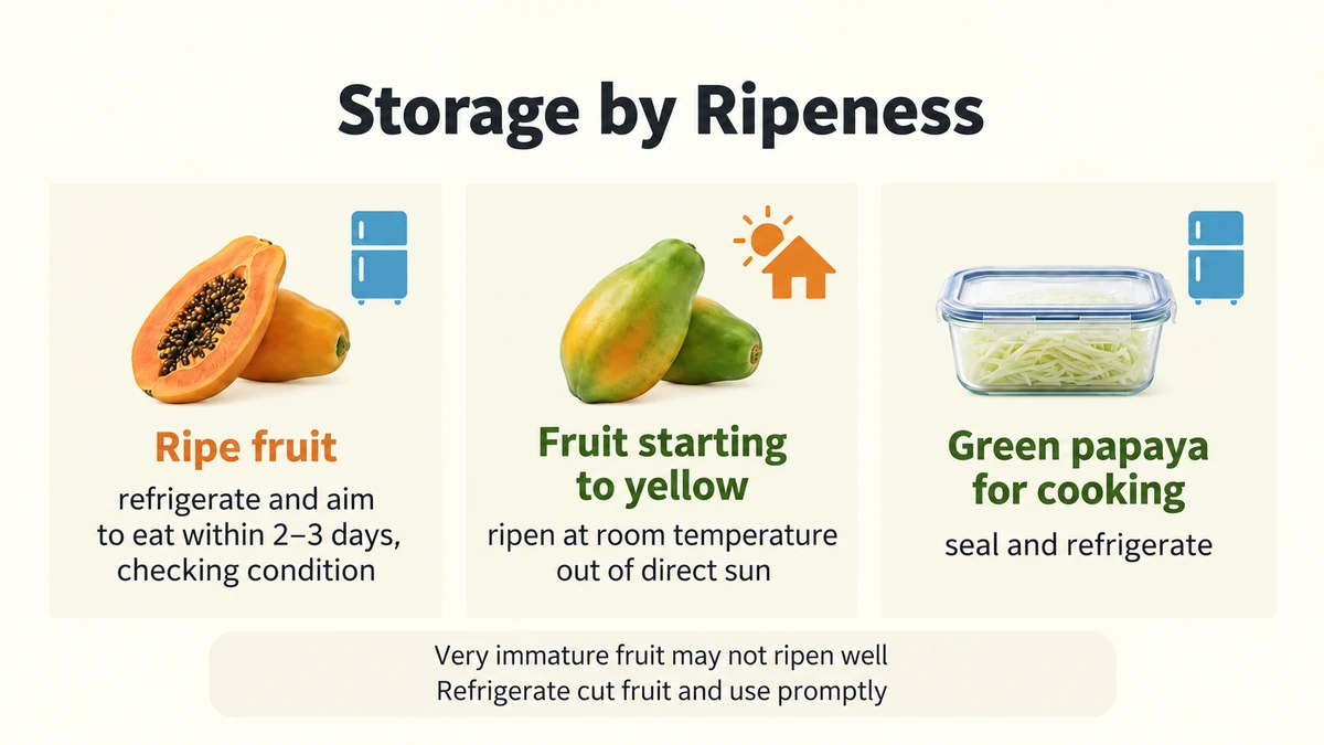 Refrigerate ripe fruit; ripen fruit that has begun yellowing at room temperature; seal and refrigerate green papaya for cooking.