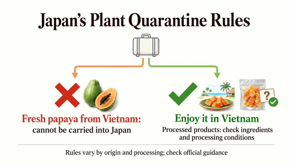 Fresh Vietnamese papaya cannot enter Japan. For processed products, check ingredients and processing conditions.
