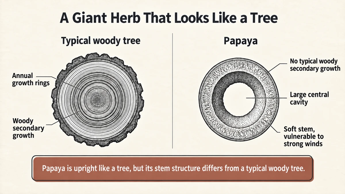 Papaya lacks the typical woody secondary growth of a tree and has a large central cavity.
