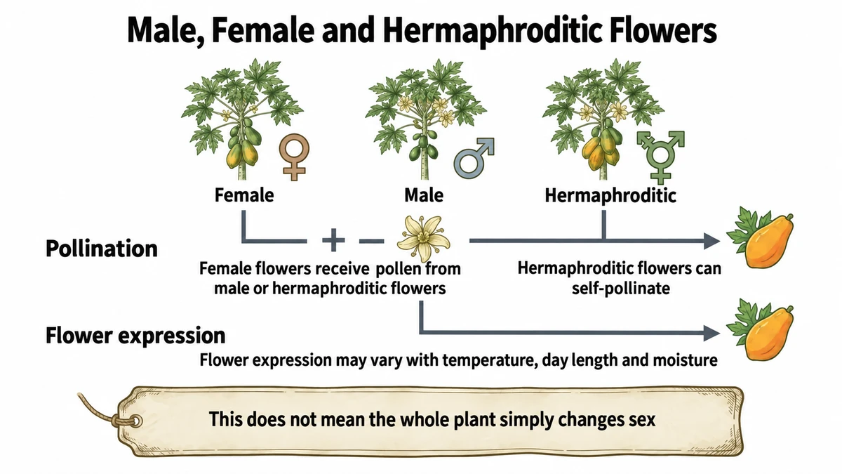 Female flowers receive pollen from male or hermaphroditic flowers. Hermaphroditic flowers can self-pollinate, and environmental conditions can influence flower expression.