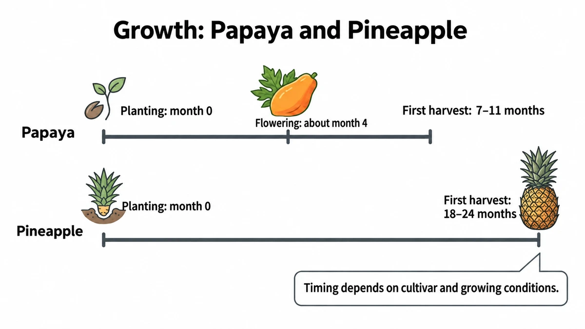 Approximate first-harvest times are 7–11 months for papaya and 18–24 months for pineapple, depending on conditions.