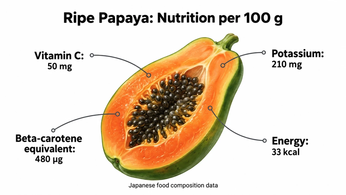 Ripe papaya contains 50 mg of vitamin C, 210 mg of potassium and 33 kcal per 100 g in Japan’s food composition tables.