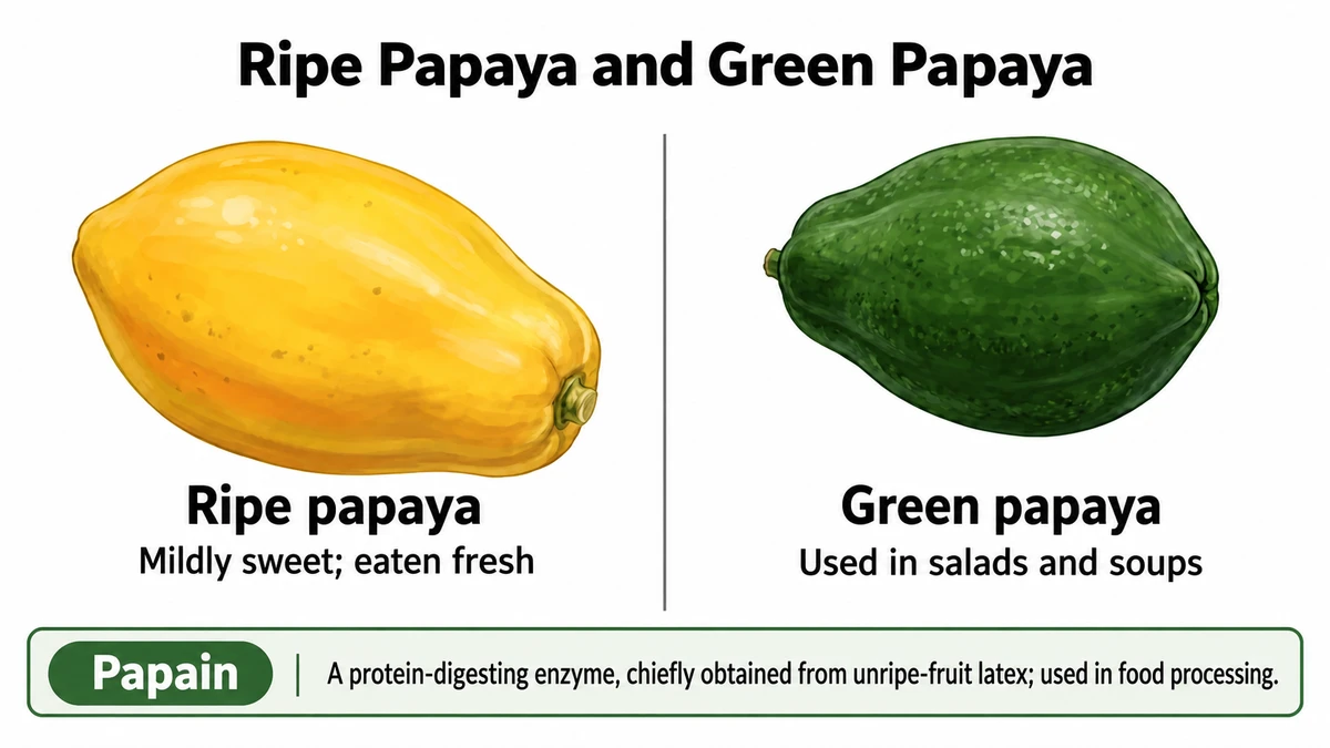 Ripe papaya is eaten fresh; green papaya is used as a vegetable. Unripe-fruit latex contains papain.