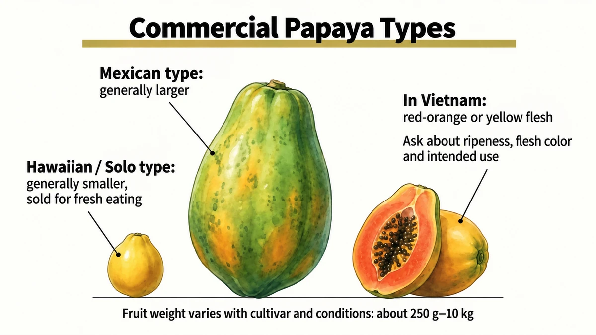 Commercial types and the red-orange or yellow flesh seen in Vietnamese markets.