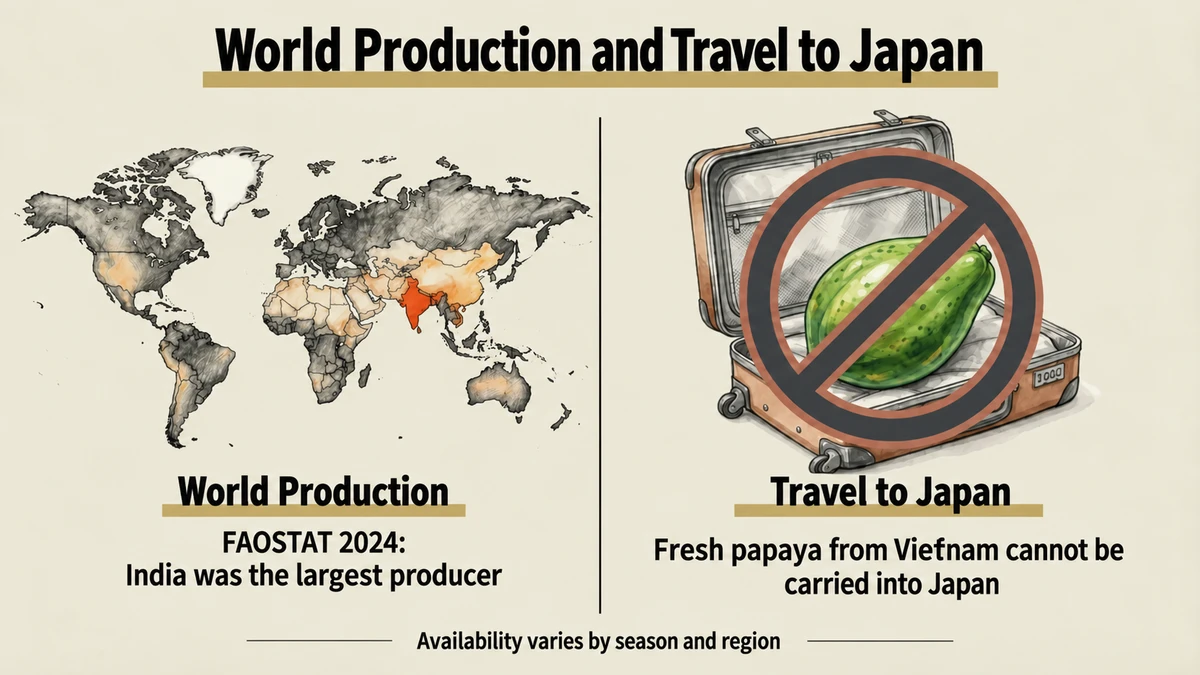 India led world production in the 2024 FAOSTAT data. Fresh papaya from Vietnam cannot be carried into Japan.