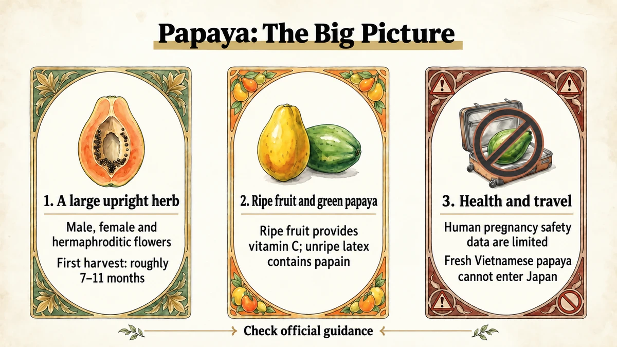 Papaya’s growth, culinary uses, pregnancy considerations and Japan’s quarantine rules.