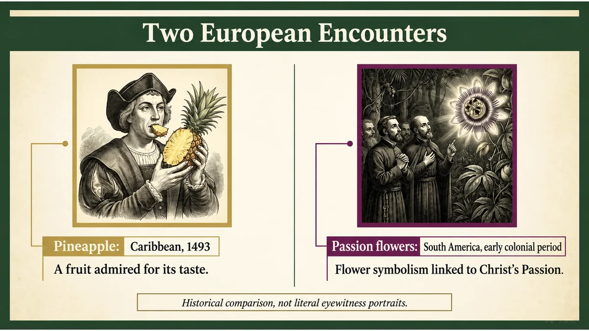 Pineapple attracted attention as fruit; passion flowers also became religious symbols.