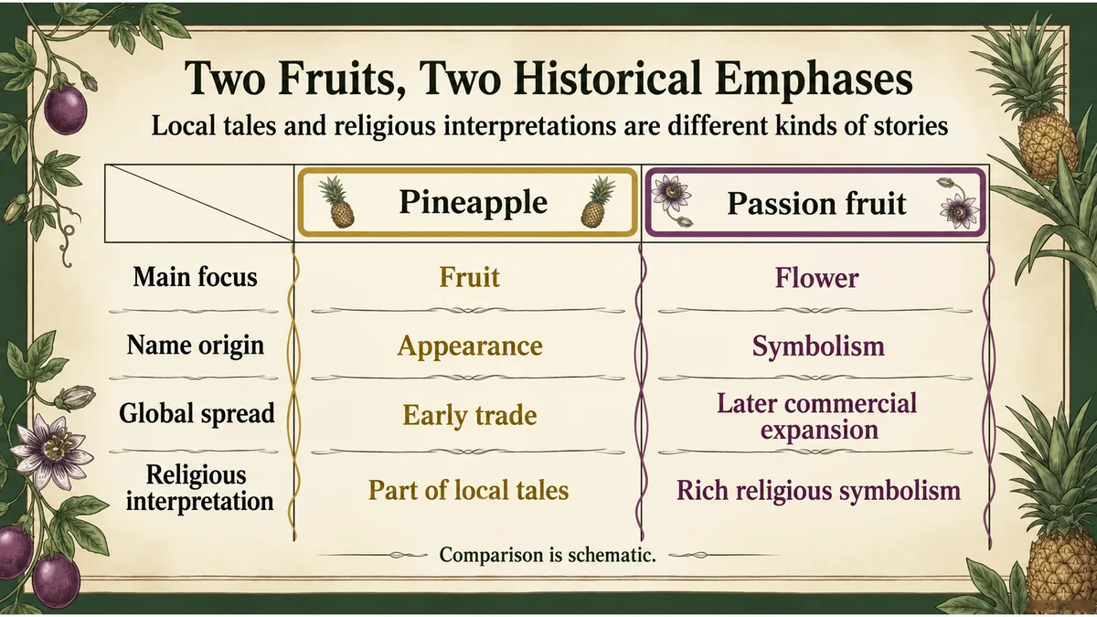 Two fruits from similar origins, with contrasting historical emphases.