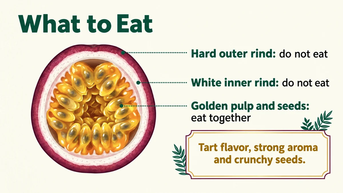 Golden pulp and crunchy seeds are eaten together.
