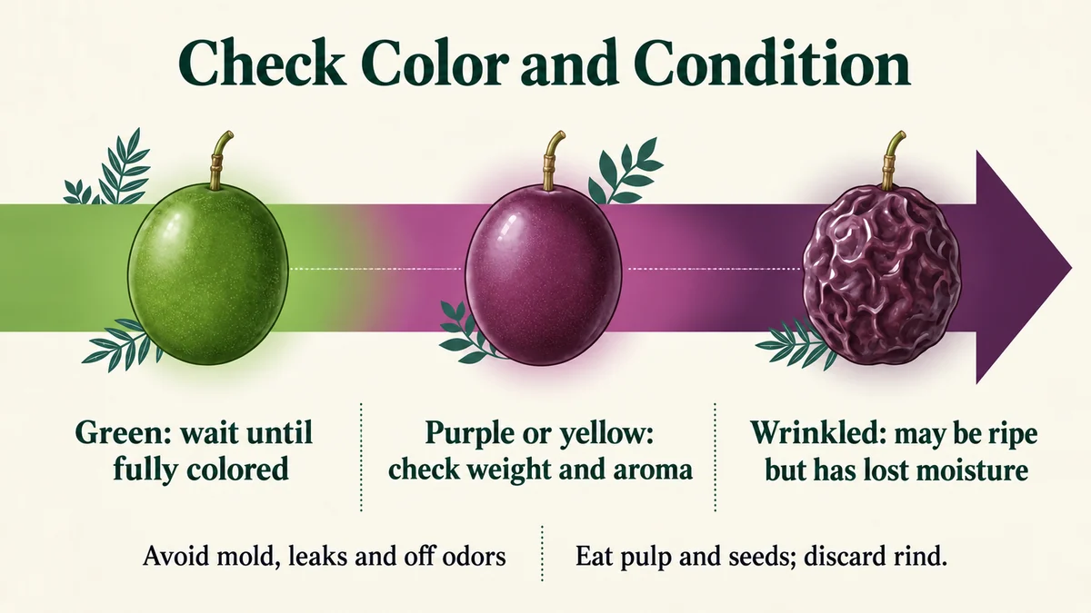 Check the cultivar’s mature color and the fruit’s condition; wrinkles also reflect moisture loss.