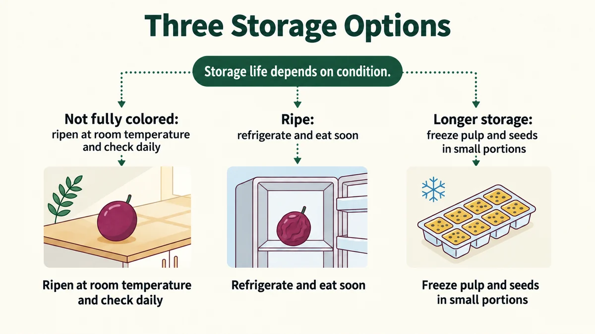 Three storage options according to the fruit’s condition and intended use.