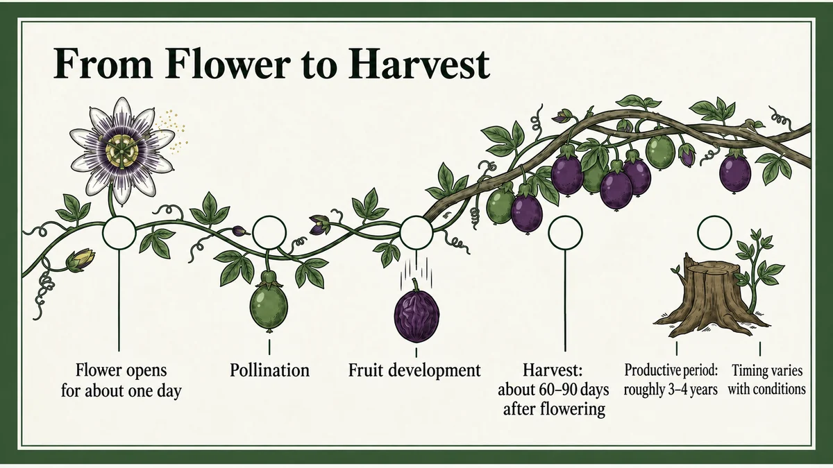 Flowering, fruit development, harvest and eventual vine renewal.