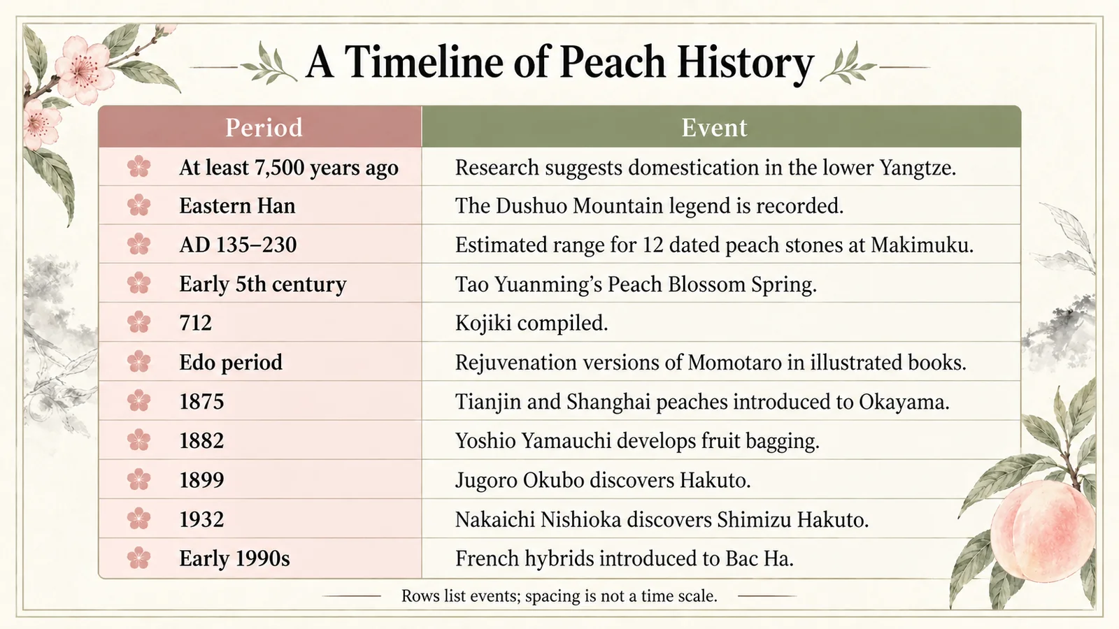 Timeline of archaeological research, literature and peach cultivation