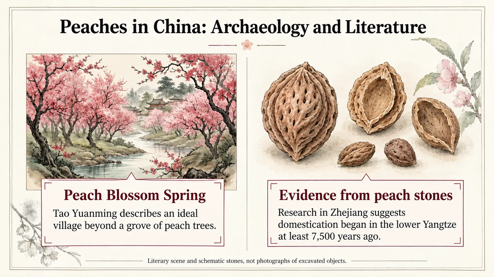 An imagined peach blossom grove beside schematic archaeological peach stones