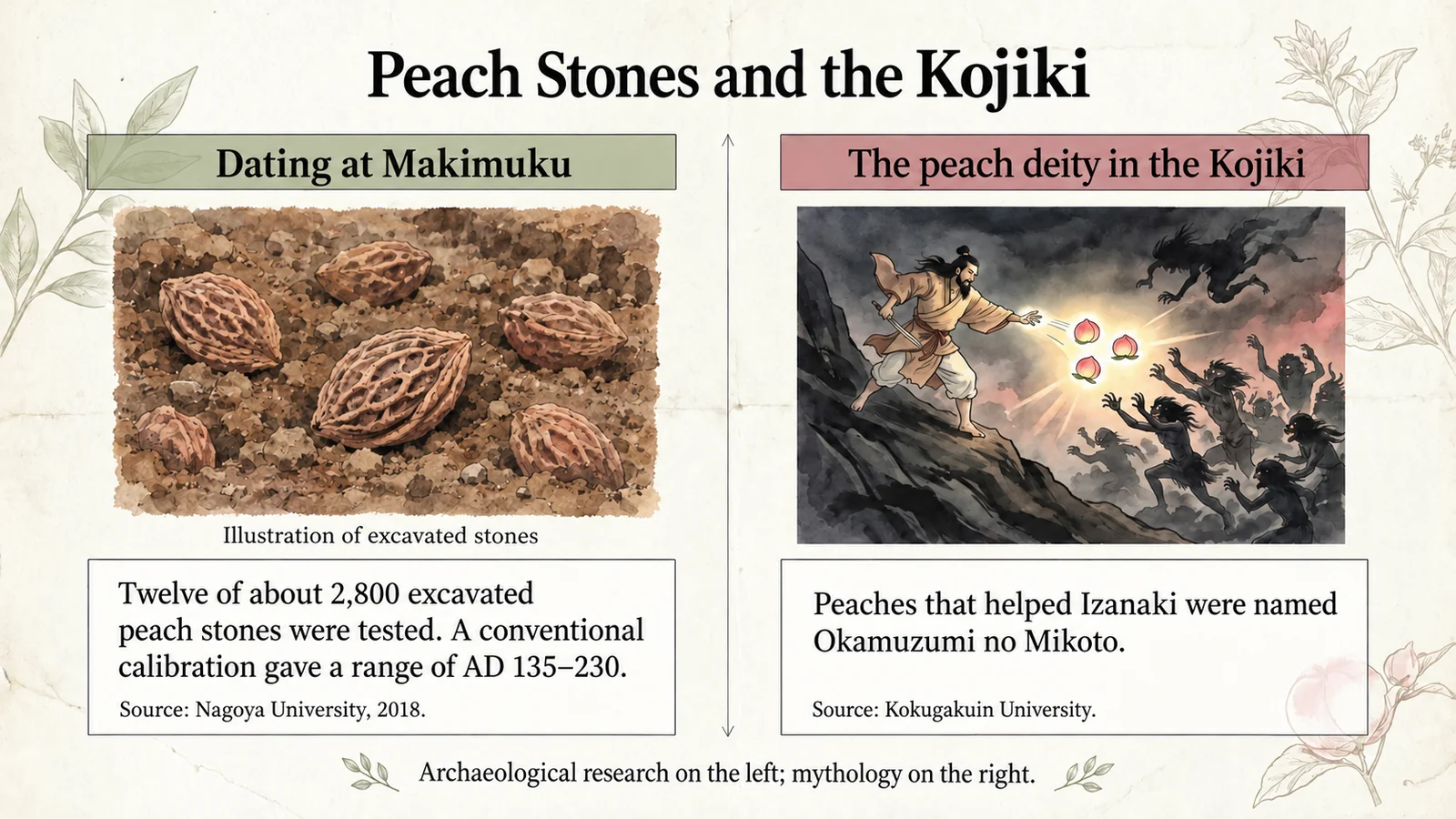 Peach stones used in archaeological dating beside a scene from the Kojiki