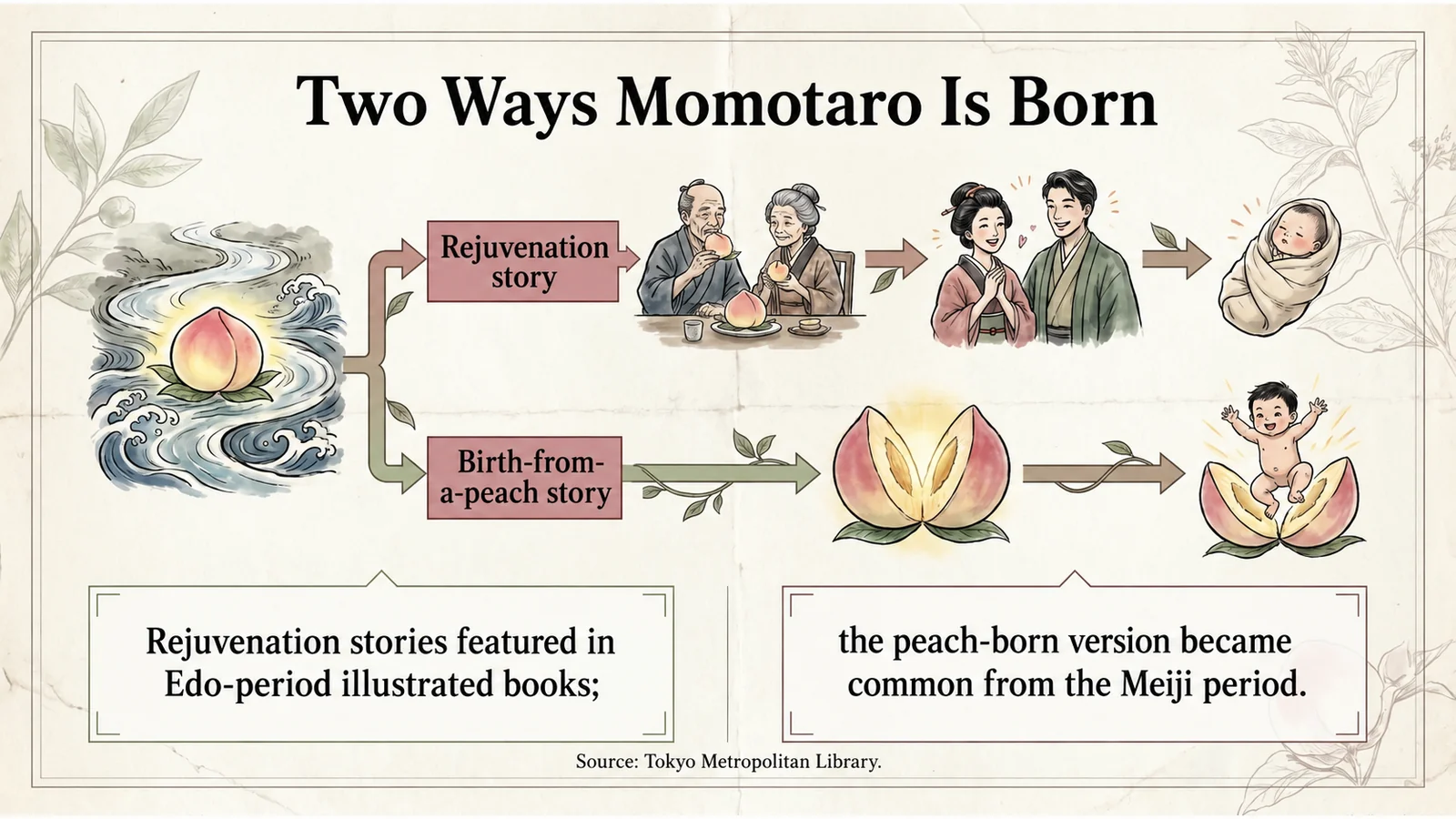 Two versions of Momotaro: rejuvenated parents and a boy emerging from a peach