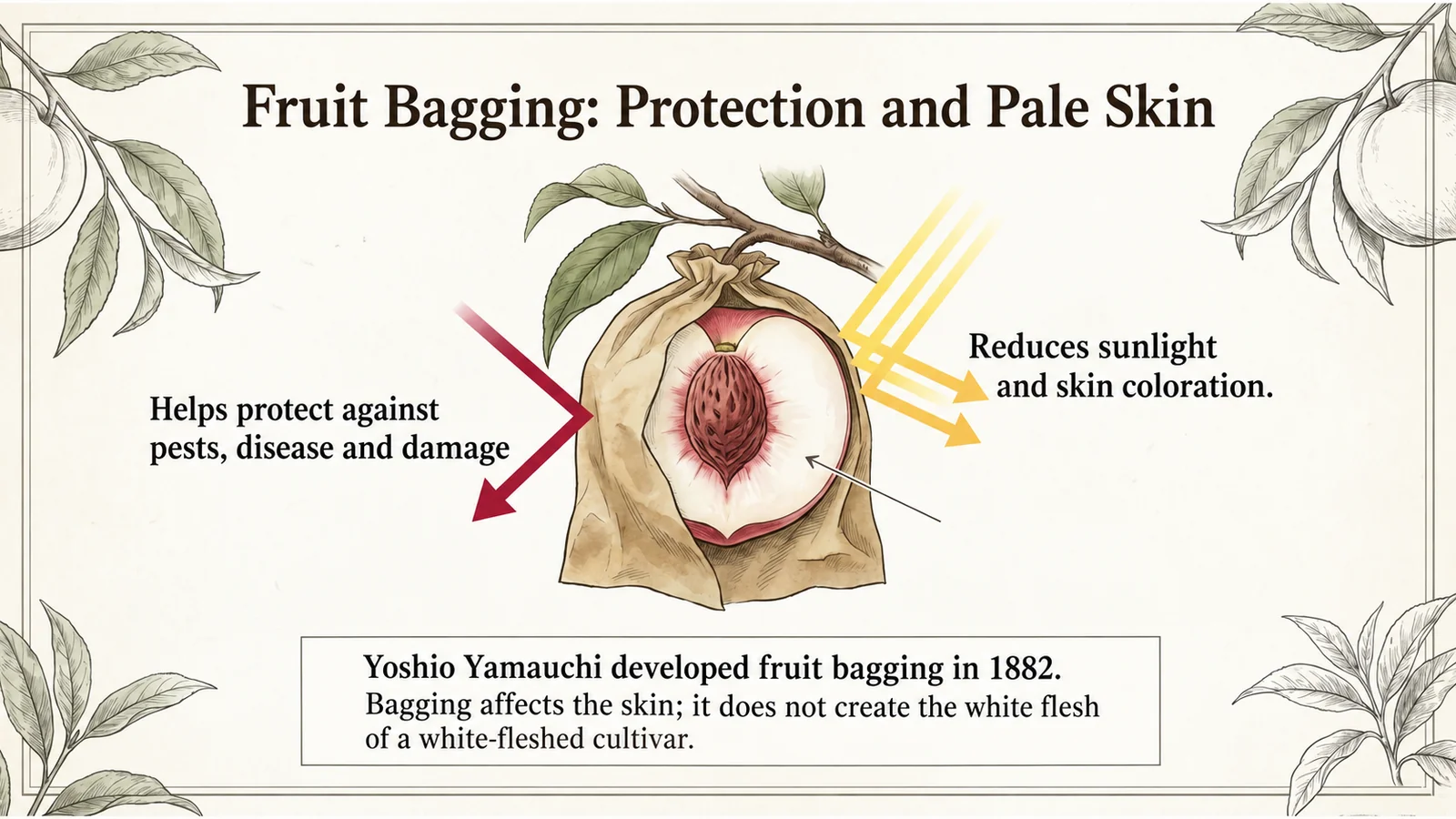 A bag around a peach, with arrows showing protection and reduced sunlight
