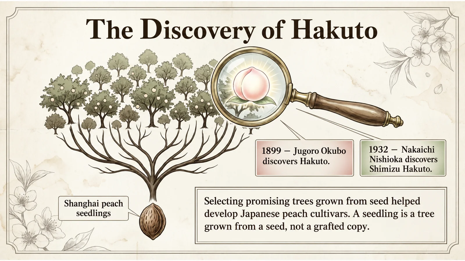Peach seedlings and the discovery dates of Hakuto and Shimizu Hakuto