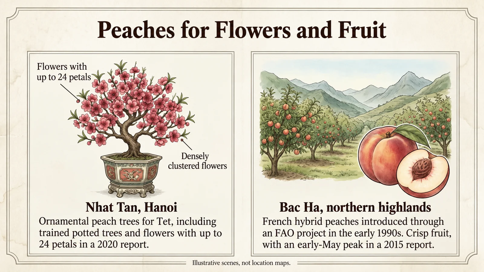Ornamental peach trees in Nhat Tan beside edible peaches in Bac Ha
