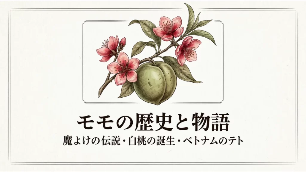 モモの歴史と物語の表紙、桃の実と花