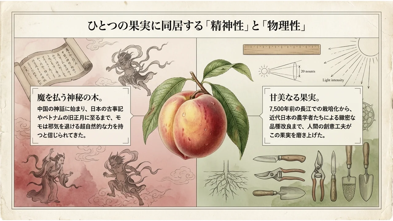 中央のモモの実を挟んで、左に魔を払う神秘の木(鬼や巻物の絵)、右に人の手で磨かれた果実(農具の絵)を描いた図