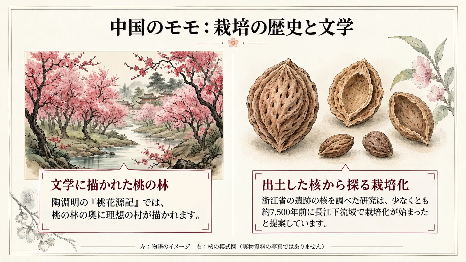 桃花源記の桃の林と、栽培化研究で調べられる核の模式図