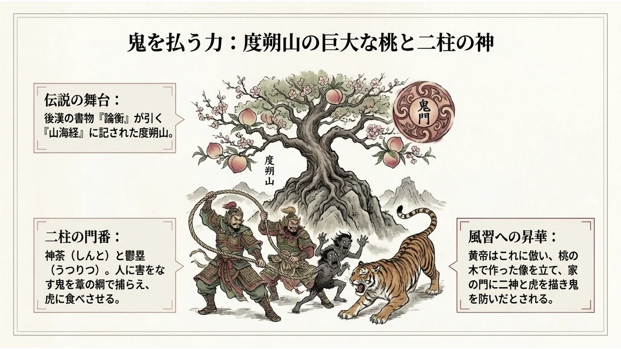 度朔山の大きな桃の木の下で、二柱の神が鬼を縄で捕らえ、虎がそばにいる様子を描いた図