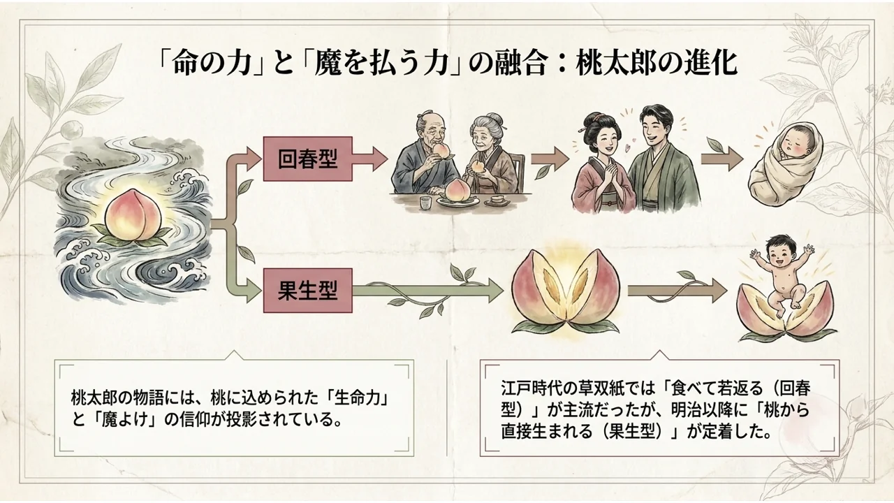 川を流れる桃から、桃を食べた老夫婦が若返る「回春型」と、桃から直接生まれる「果生型」の二つの流れを描いた図