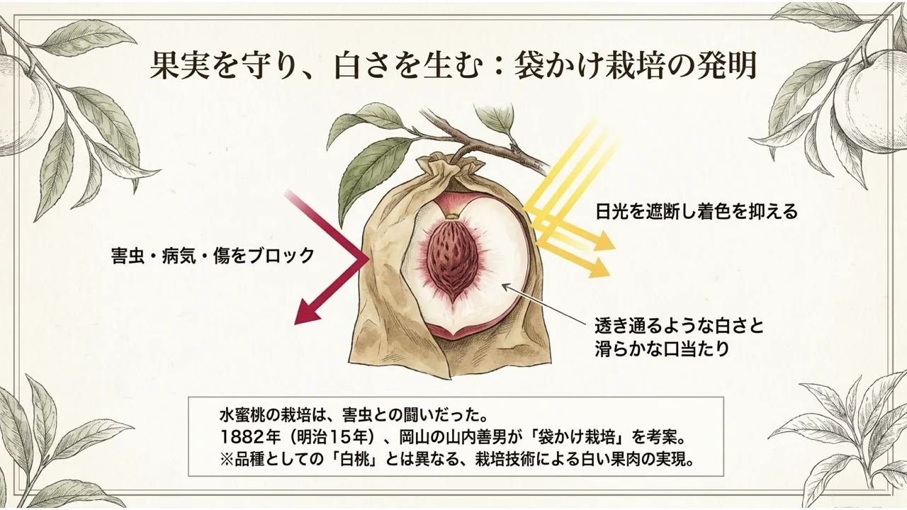 枝についたモモの実に袋をかけ、害虫や病気、日光を防ぐ仕組みを示した図