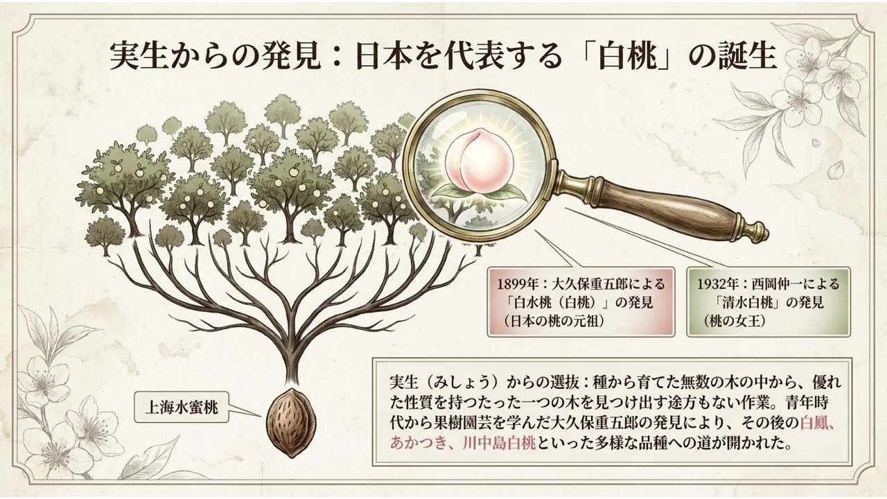 上海水蜜桃の種から育った多くの木の中から、虫眼鏡で白桃を見つける様子を描いた図。1899年の白桃と1932年の清水白桃の発見