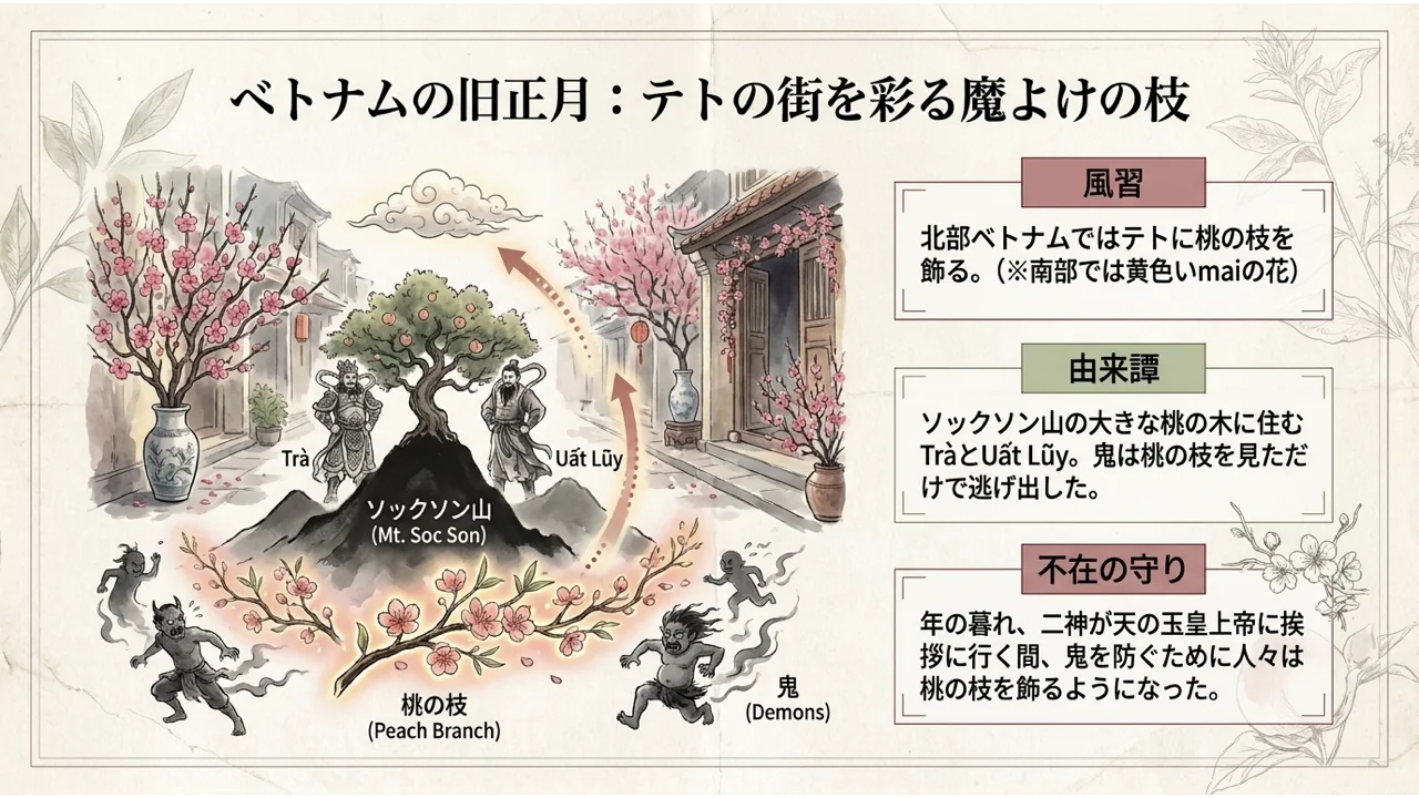 ソックソン山の桃の木に住む二人の神TràとUất Lũy、桃の枝を見て逃げる鬼、テトに桃の枝を飾る街並みを描いた図