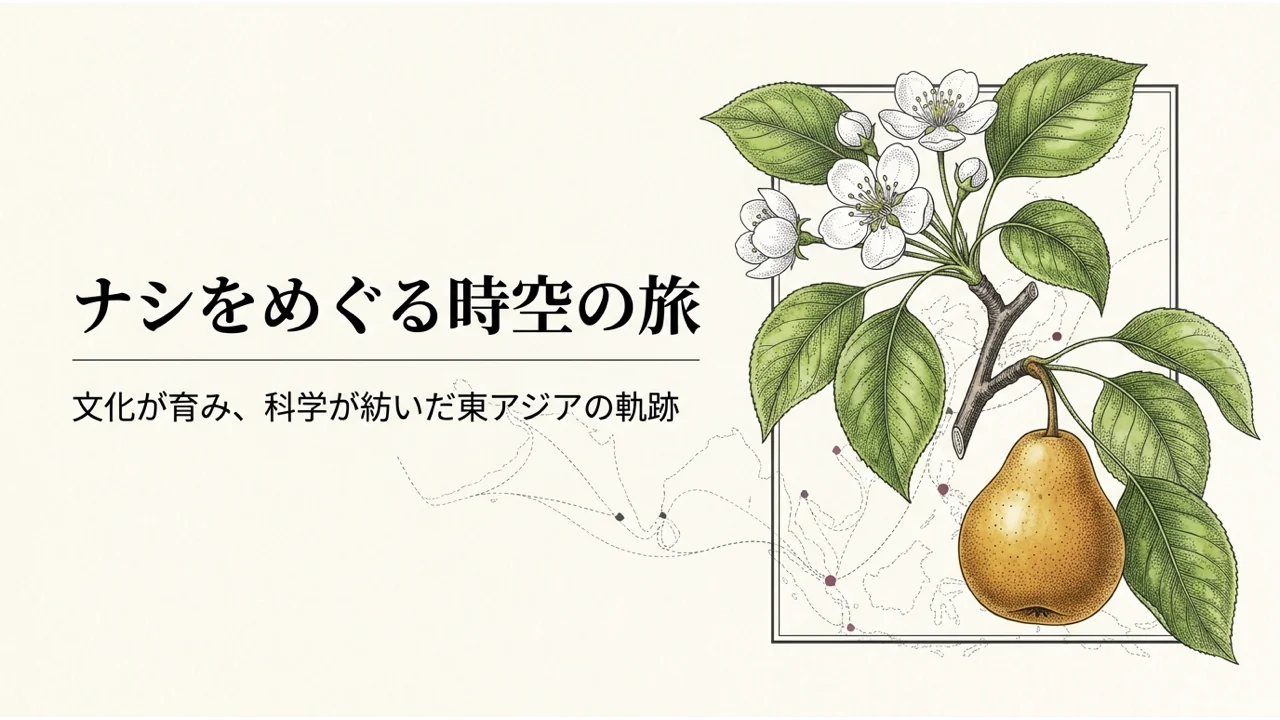 ナシの実と白い花を描いた、ナシの歴史と物語の表紙