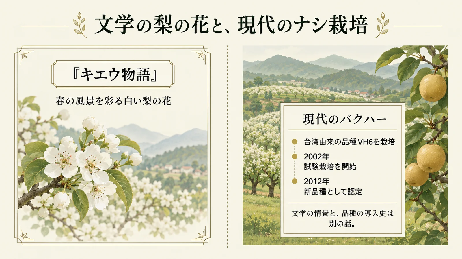 文学の梨の花と、現代のナシ栽培