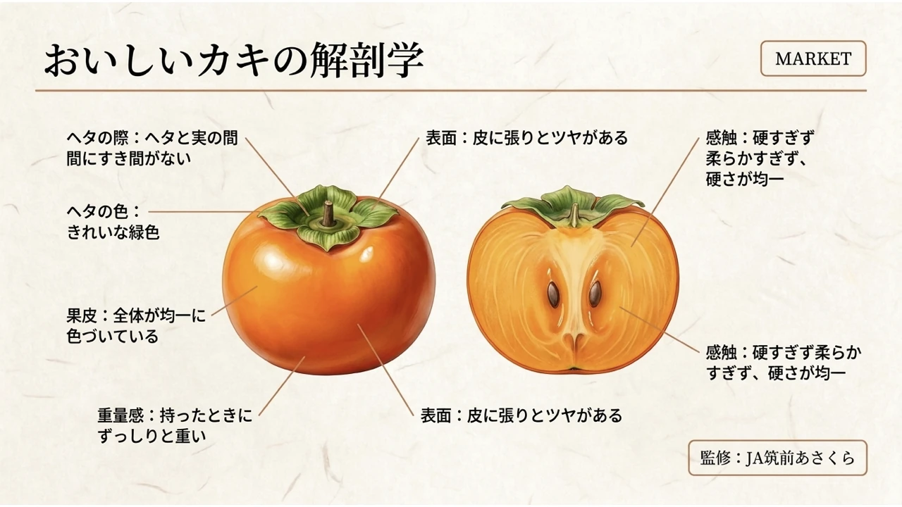 ヘタ・色づき・重さ・張りなど柿選びの目安