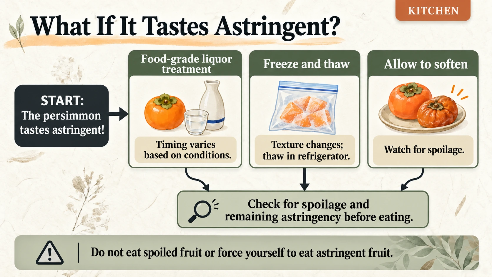 Treatment results vary. Check for spoilage and remaining astringency before eating.