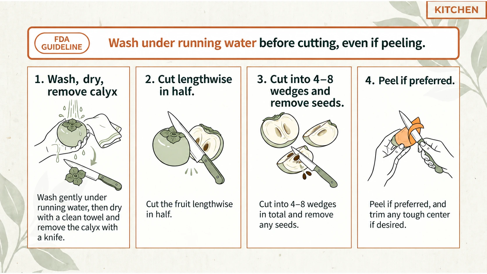 Wash before cutting. Make four to eight wedges in total, remove seeds, and peel or trim a tough center if preferred.