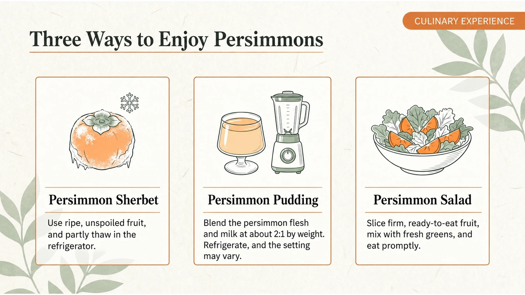 Frozen fruit, pudding and salad: use sound fruit and refrigerate prepared dishes promptly.
