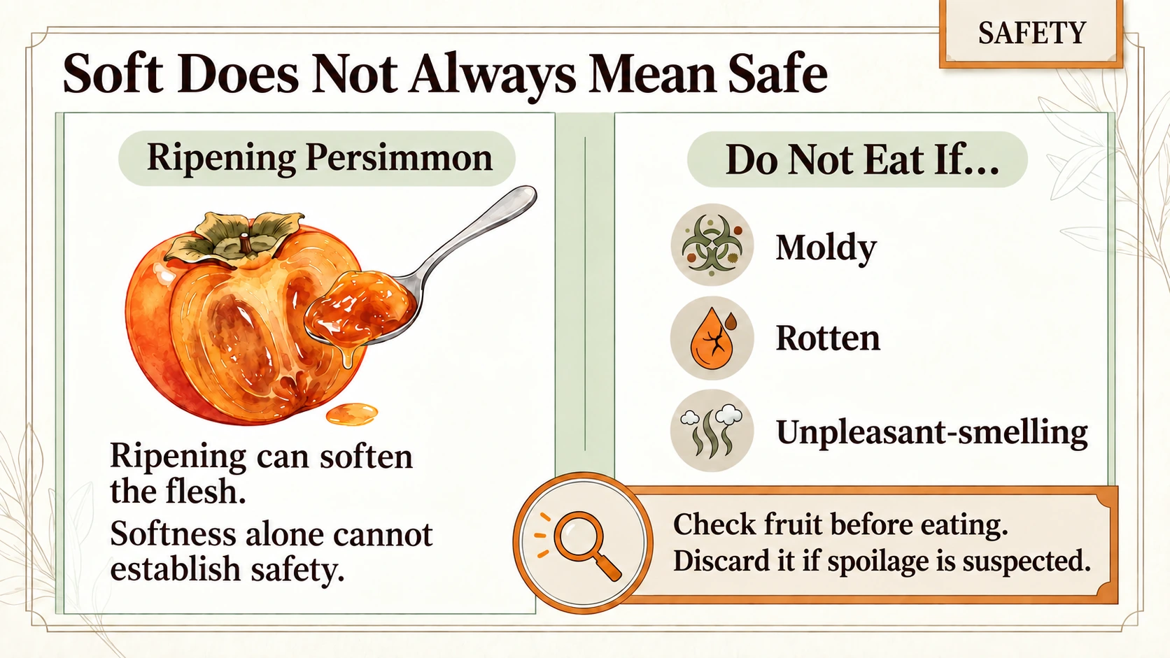 Softness alone does not establish safety. Discard fruit with mold, signs of rot or an unpleasant unusual smell.