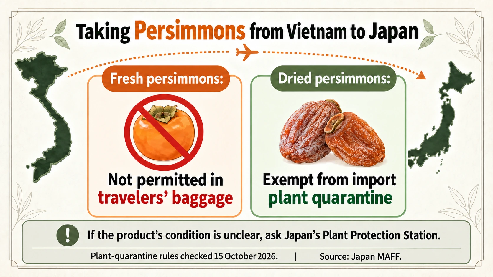 Japan’s plant-quarantine treatment differs for fresh and dried persimmons. Rules recorded in Japanese v08 on 15 October 2026.