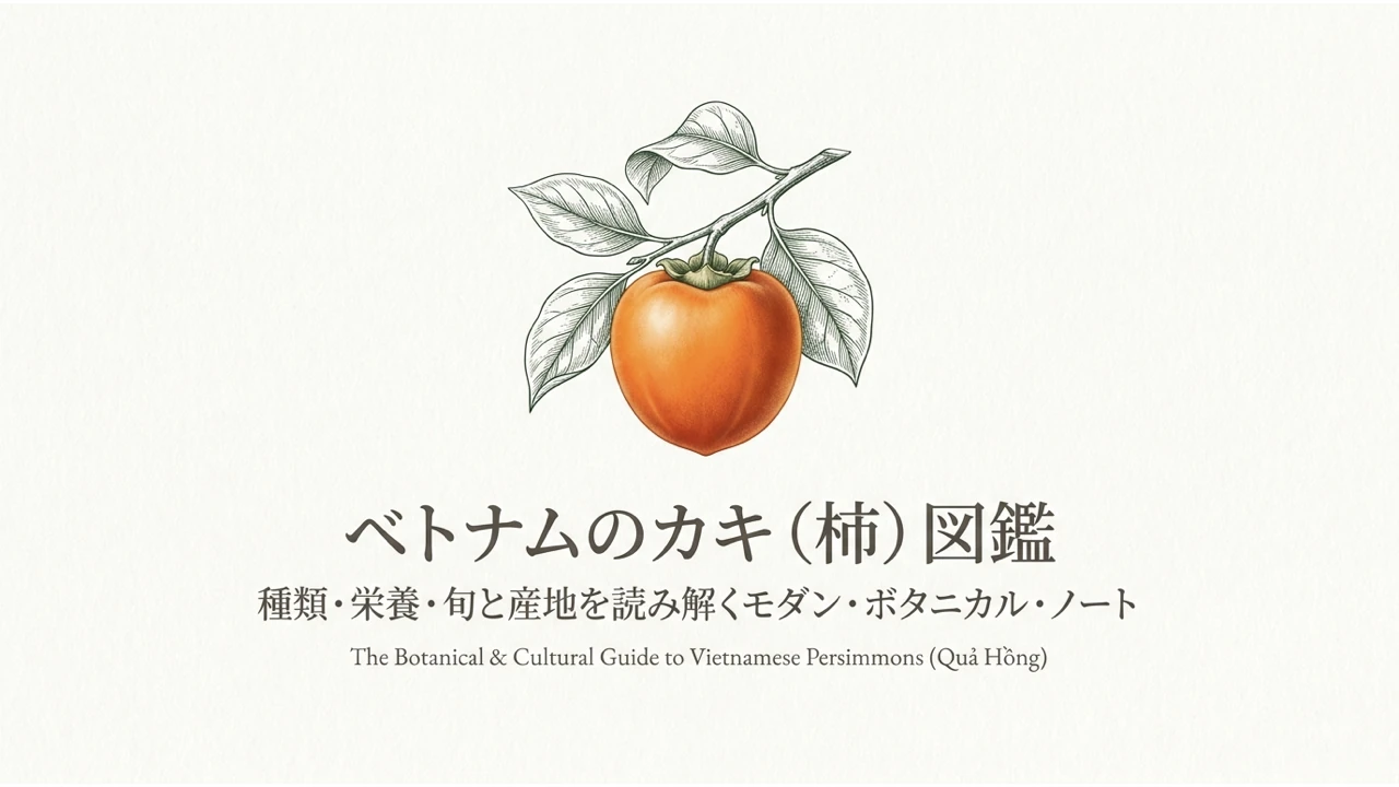 ベトナムのカキ図鑑の表紙と枝についた柿
