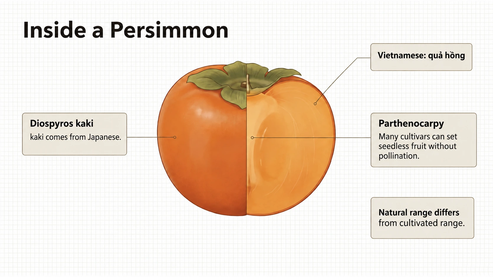 The name kaki comes from Japanese. Many cultivars can set seedless fruit without pollination.