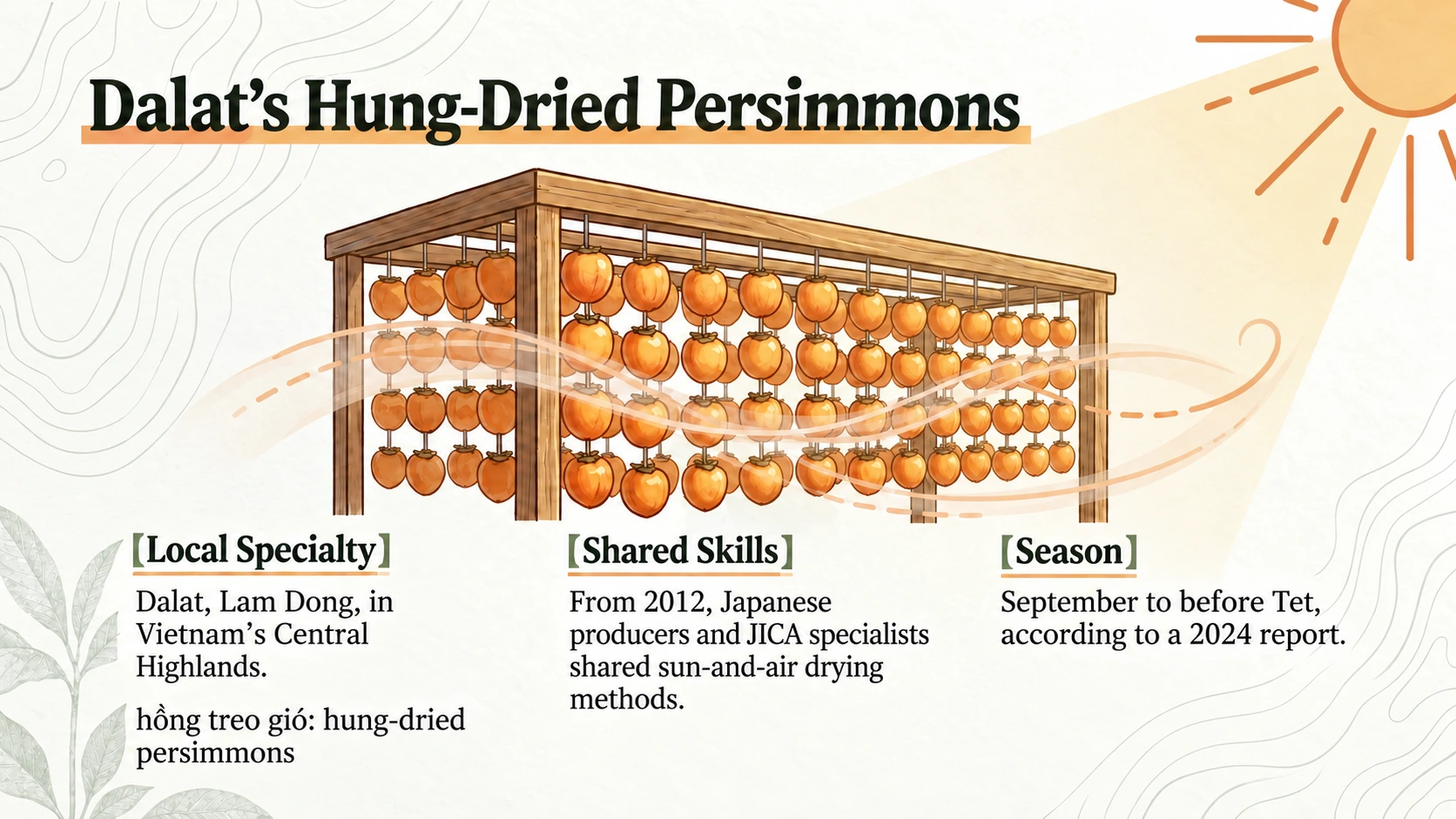 Dalat’s hung-dried persimmons and the sun-and-air drying methods shared by Japanese producers and JICA specialists from 2012.