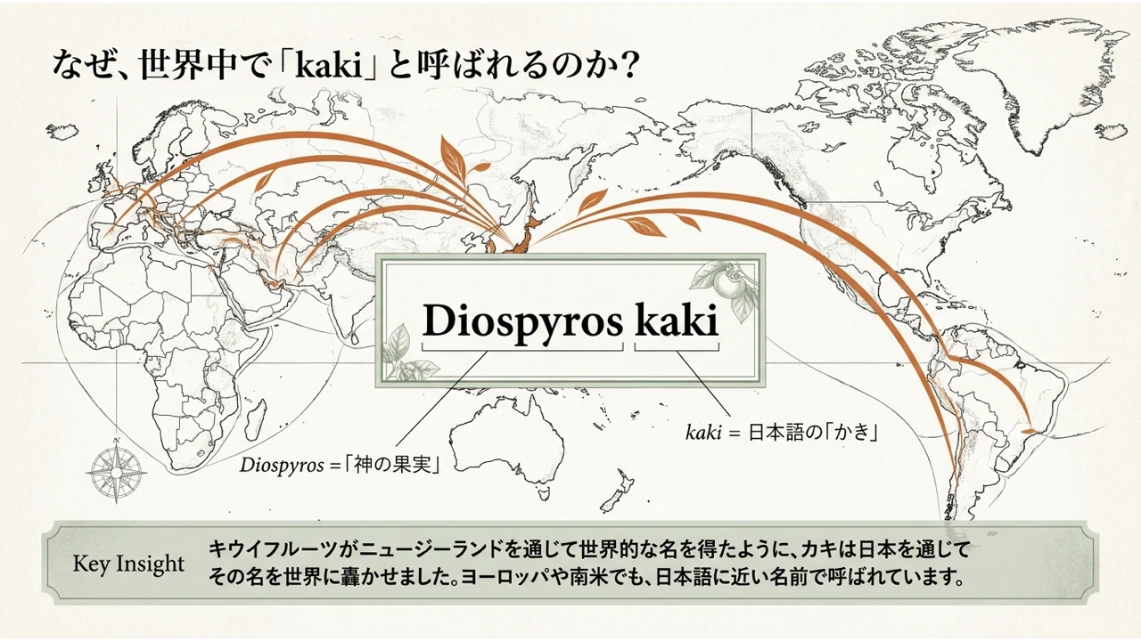 学名Diospyros kakiの語源と世界への広がりを示す模式図