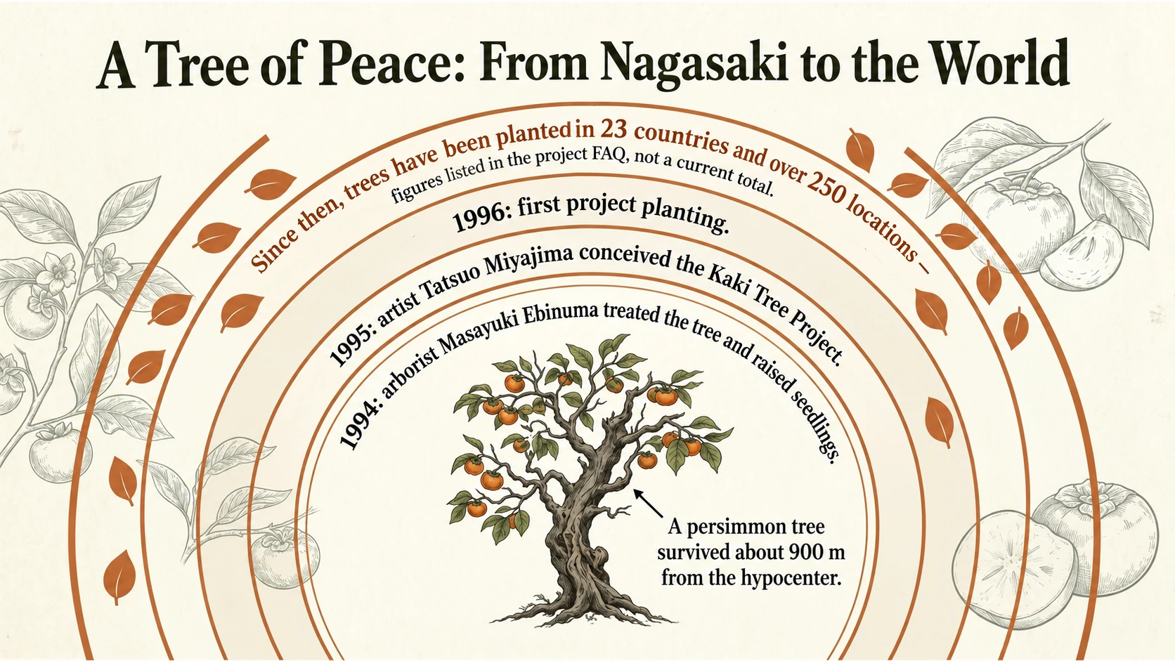 Care in 1994 led to seedlings from Nagasaki’s bomb-surviving tree; project planting began in 1996. Planting totals refer to the project FAQ.