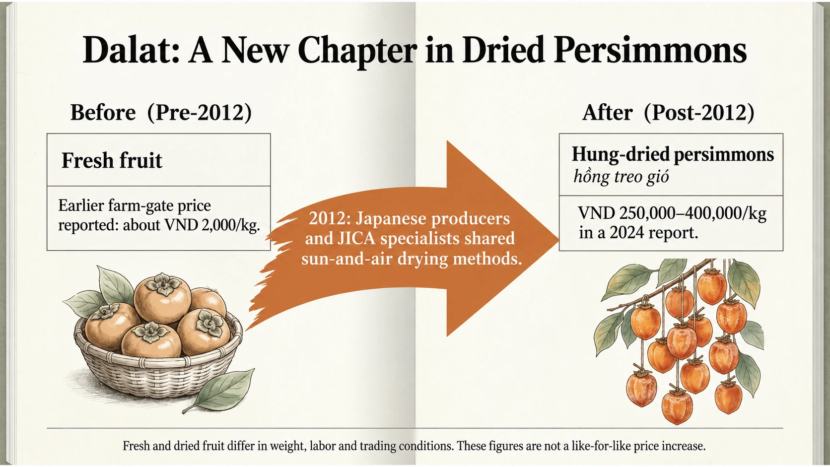 Dalat’s dried-persimmon development followed technical exchange from 2012. The quoted dried-fruit price comes from a 2024 report, not a current comparison.