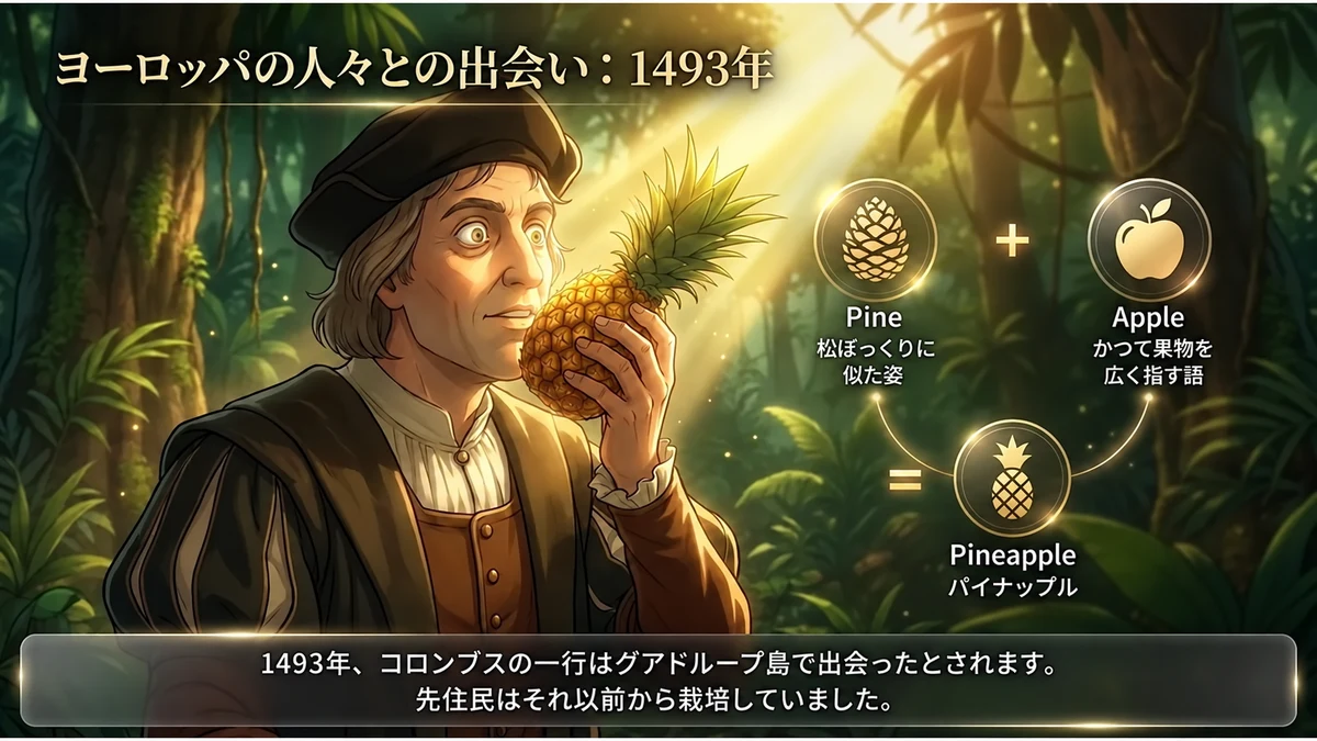 「松ぼっくり(pine)」と「りんご(apple)」を合わせてpineappleと呼ばれるようになった逸話を表したイメージ。